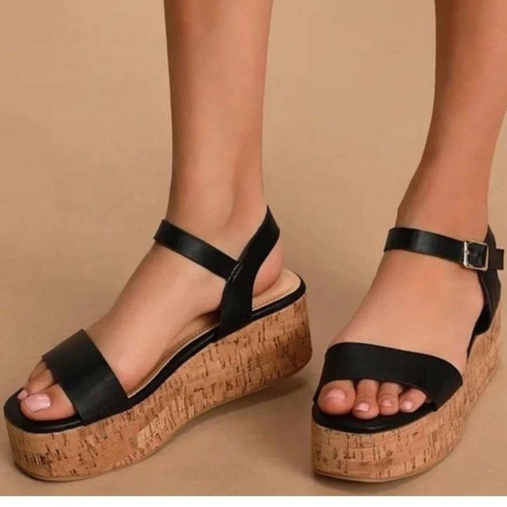Lulus Grecia Black Vegan Leather Cork Platform Sandals 7.5 Flatform Ankle Strap